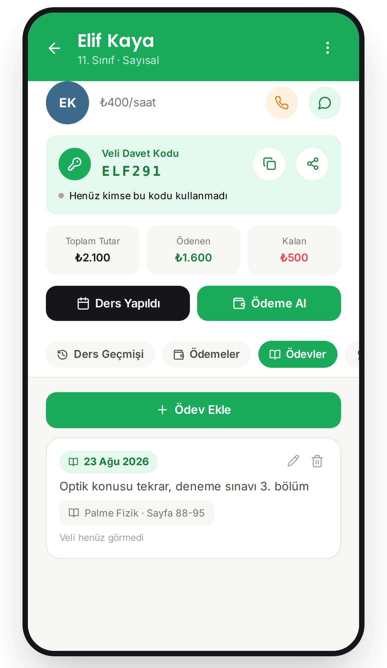 Ödevler sekmesi